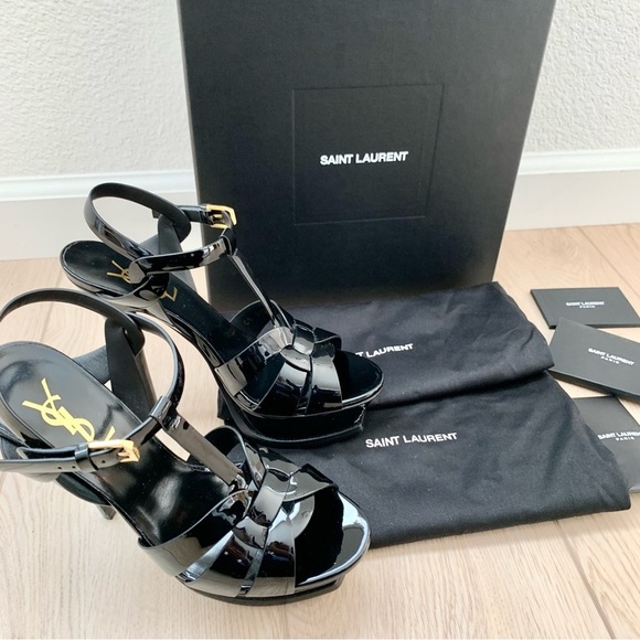 YSL Black Patent Leather Tribute 105 Platform Heeled Sandals High Heels - Picture 1 of 12